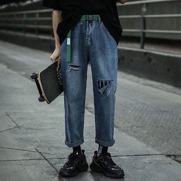 

men's jeans ripped fashion retro casual hole blue men streetwear korean loose hip-hop straight denim trousers mens -5xl
