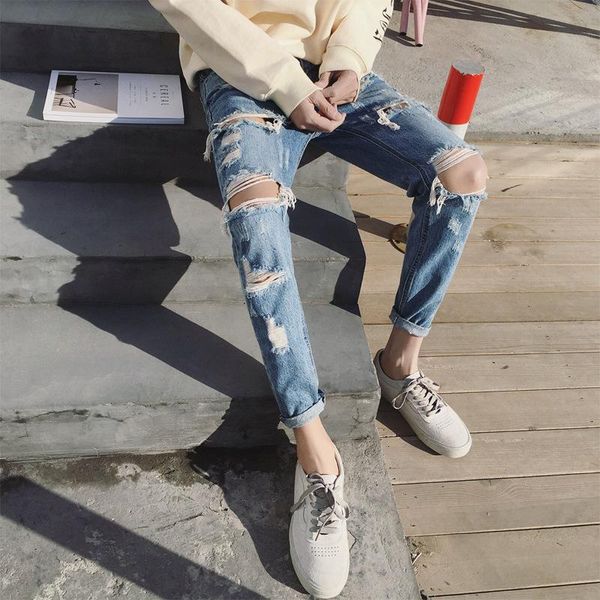 

men's jeans summer 2021 ripped slim feet boys korean style trendy loose beggar thin teenager casual pencil pants, Blue