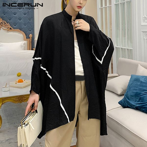 

new men shirt patchwork streetwear open stitch sleeve fashion long shirts camisas 2021 loose korean casual incerun s-5xl xe6o, White