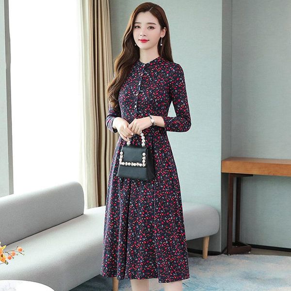 

casual dresses 2021 autumn and winter dress for women long-sleeved bottoming plus velvet thick floral temperament long k1123, Black;gray