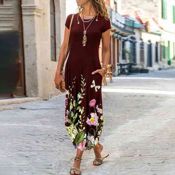 

summer women floral print casual dress short sleeve plus size slim long bohemian dresses a-line for women robe femme, Black;gray