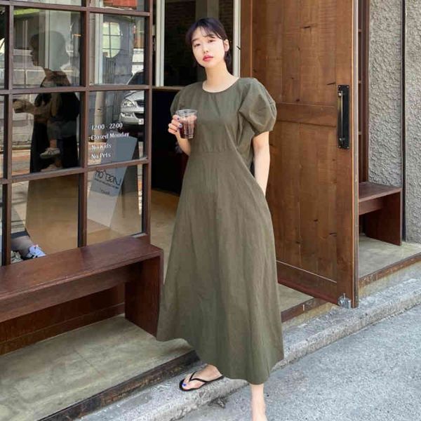 

casual dresses korea women summer vintage long a-line dress puff sleeve slim waist loose maxi sundress brief solid color s2w2, Black;gray
