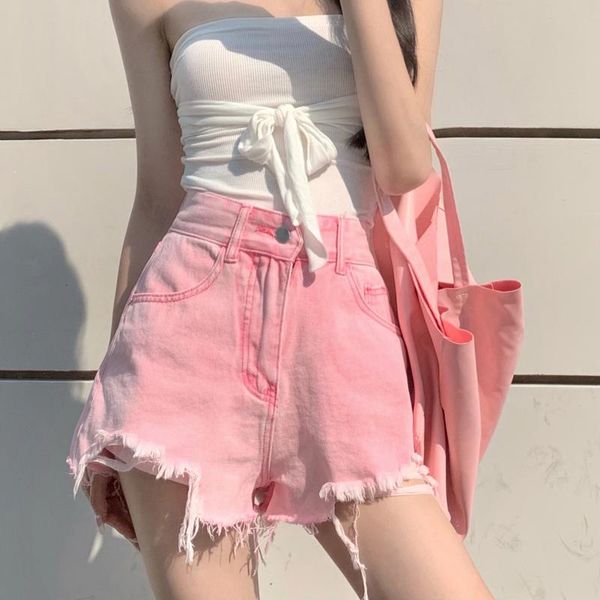 

women's shorts basic summer denim women 2021 korean style casual high waist cuffed tassels ripped holes pink jeans female bottoms, White;black