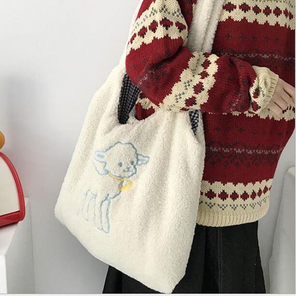 

women lamb like fabric shoulder bag simple canvas handbag tote large capacity embroidery shopping cute book bags for girls