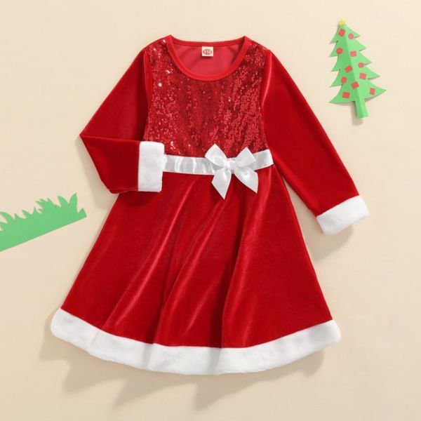 

girl's dresses christmas little girls breathable dress, color matching sequins bow decoration round collar long sleeve princess dress1, Red;yellow