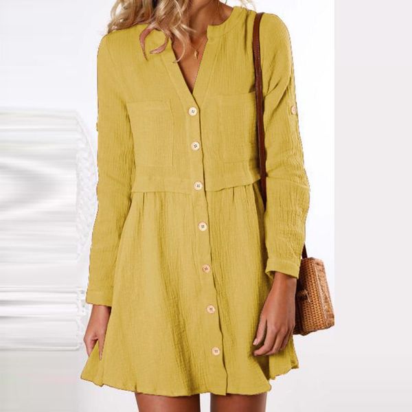 

casual dresses vintage solid linen buttons shirt dress women autumn v neck long sleeve pockets cotton retro loose plain vestidos, Black;gray