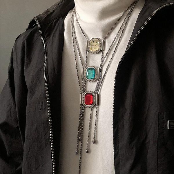

chains freshly baked red, blue and yellow colored gemstone necklace sweater chain men women diamond letter design hip hop jewelry, Silver