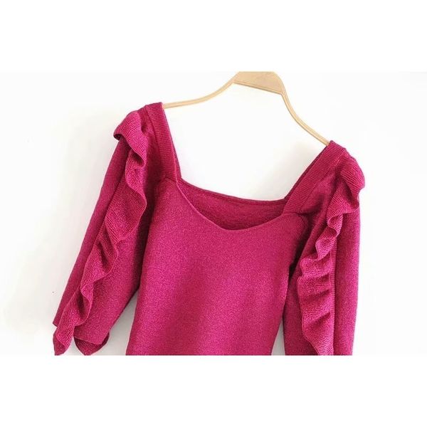 

2021 new women rose red knitted v-neck sweater casuading ruffles half sleeve ladies hd6j, White;black