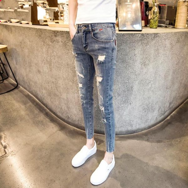 

spring autumn 2021 new black jeans men's korean style ripped feet pants slim trendy social people beggar teenagers pencil pants, Blue