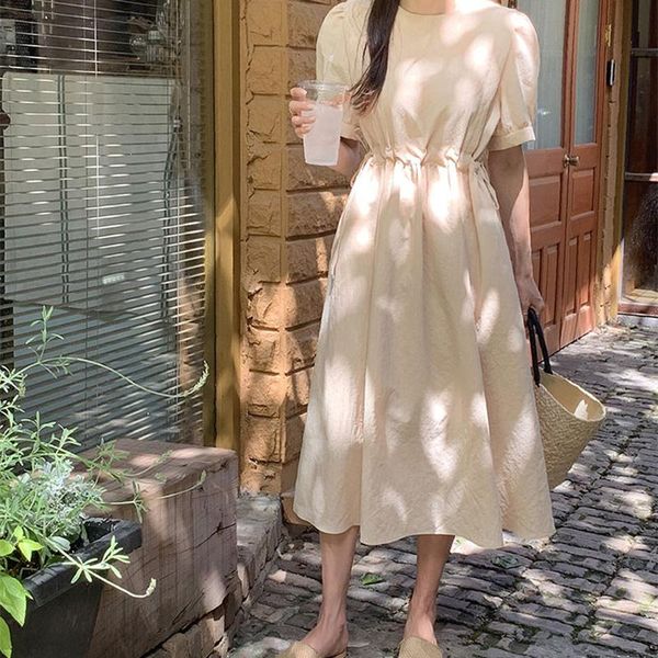

casual dresses 2021 summer vintage loose dress women solid o-neck midi korean puff sleeve short, Black;gray