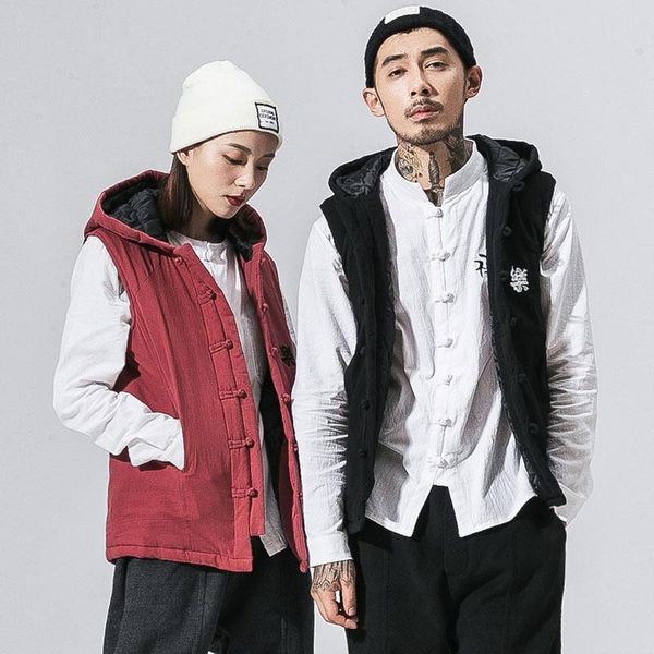

men's vests men china style thick cotton padded casual sleeveless hooded vest jacket male women streetwear hip hop waistcoat coat outer, Black;white