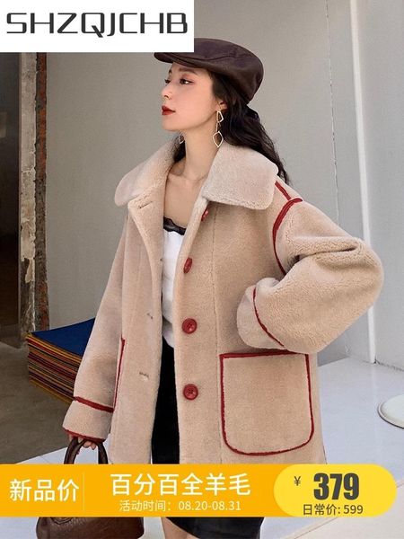

women's fur & faux shzq real coat female autumn winter jacket women 2021 korean sheep shearing coats vintage 100% wool hiver lw2134, Black