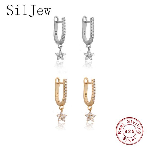 

hoop & huggie siljew 925 sterling silver star drop earring ovals round crystal luxury zircon cz piercing dangle rock punk jewelry pendientes, Golden;silver