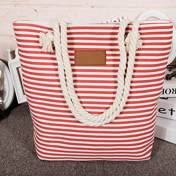 

2021 women summer fashion striped large capacity canvas bag women's shoulder portable beach bag tote