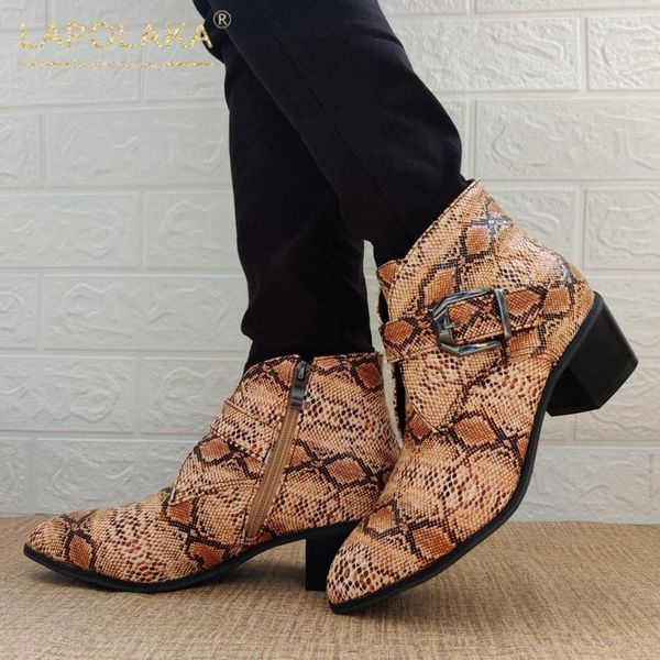 

boots lapolaka arrivals 2021 large size 43 chunky heels snake print ankle women shoes zip up ins dropship ladies, Black