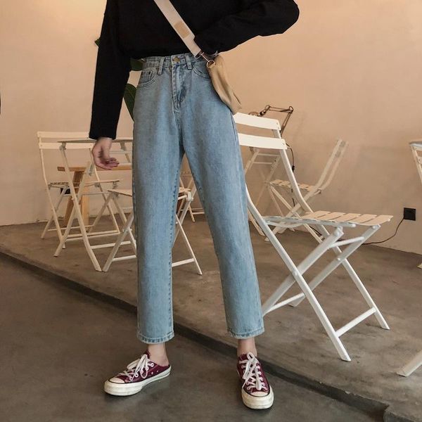 

women's jeans women high waist ankle-length pants loose slim versatile wide leg straight casual trousers, Blue