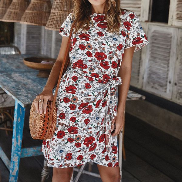 

2021 new women boho summer floral print short sleeve o neck mini beach dress casual bandage sashes female holiday sundress vestidos ypzp, Black;gray