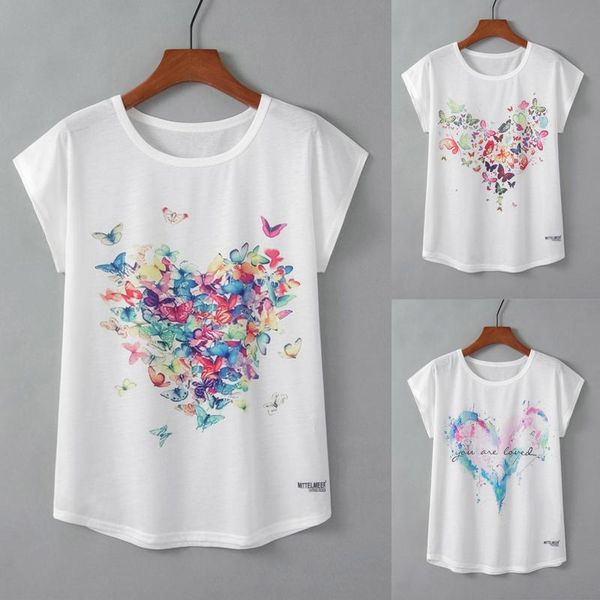 

women's t-shirt summer t shirt women casual heart-shaped printing short sleeve o-neck ladies fashion blouse ropa de mujer 2021, White