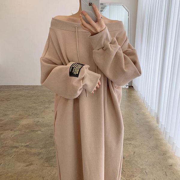 

casual dresses [ewq] 2021 spring female loose slash neck off shoulder solid color long sleeve minimalist sweatshirt dress 16w286, Black;gray
