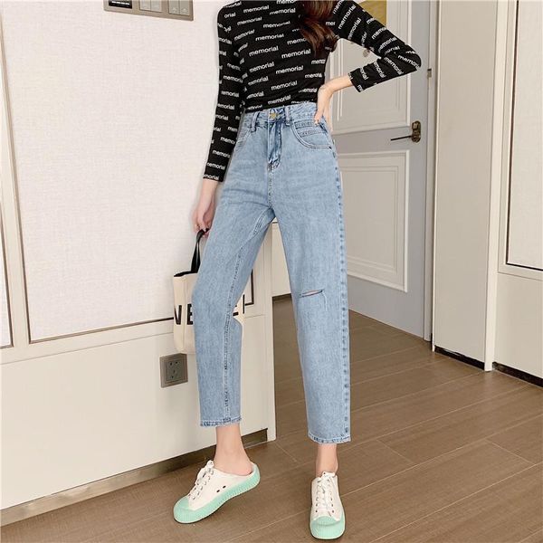 

women's jeans s-xl 2021 korean chic style loose women harem ripped denim pants casual high waist ankle length female (z8115, Blue