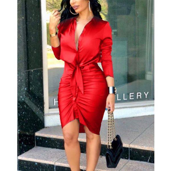 

casual dresses women style lace-up solid color long sleeve midi dress bodycon knee length work wear, Black;gray