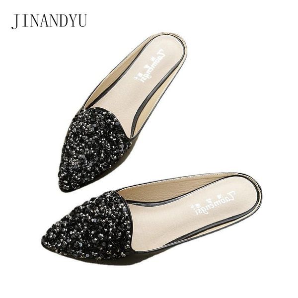

slippers pointed toe flats shoes women crystal leather casuales mules for comfy summer sandals trend, Black
