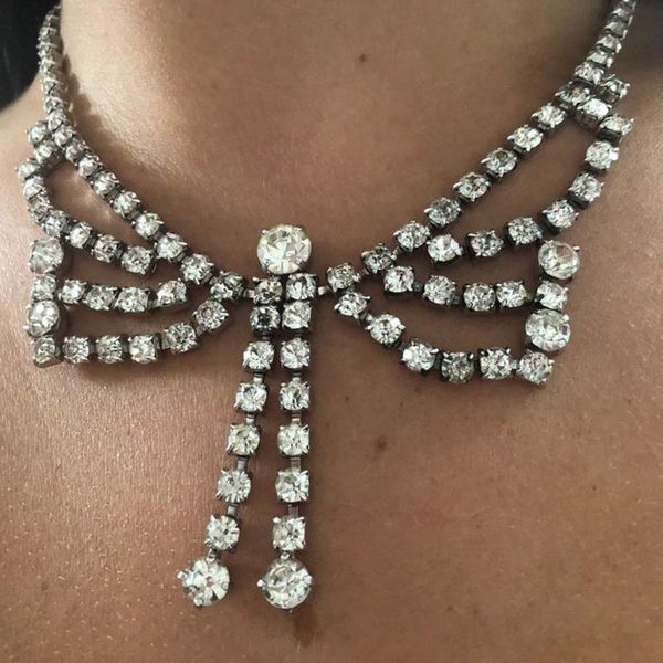 

chokers novelly rhinestone big bow-knot necklace tassel choker jewelry for women crystal butterfly collar accessories, Golden;silver