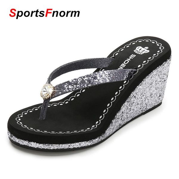

sandals 2021 summer slippers women's wedge slides rhinestone women beach flip flops female platform, Black