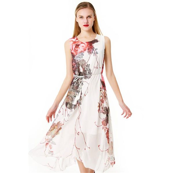 

casual dresses flower printed chiffon sleeveless dress female over-the-knee hem loose a-line double breathable summer waist, Black;gray