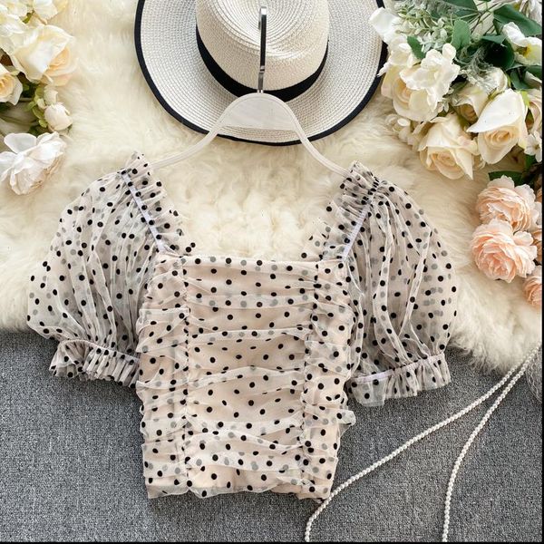 

singrain summer polka dot blouse women puff sleeves elastic waist ruched streetwear korean style slim mesh blouses, White