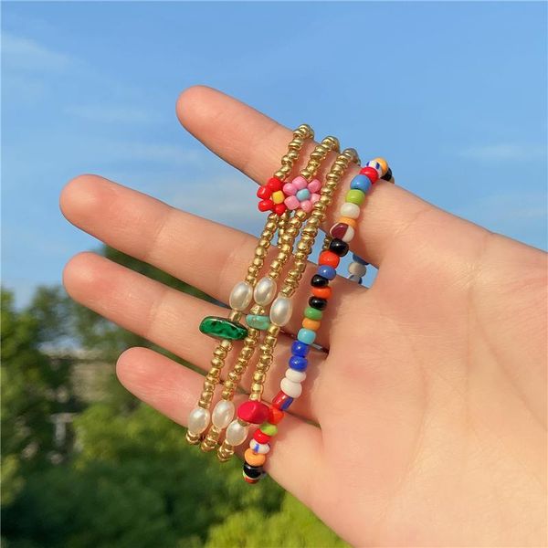 

charm bracelets bohemian vintage turquoise pearl women colorful beaded flowers layered hand chain bracelet set jewelry, Golden;silver