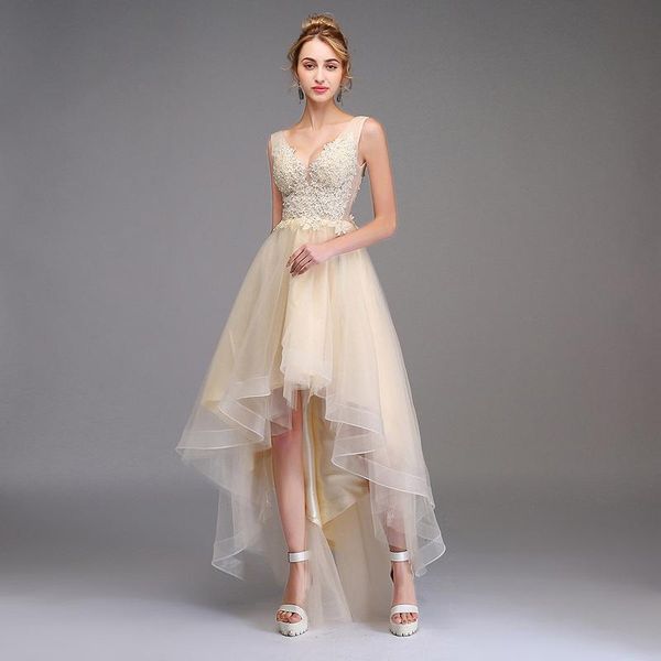 

party dresses elegant champagne homecoming dress high/low v-neck a-line lace appliques floral print night formal cocktail gowns backless, White;black