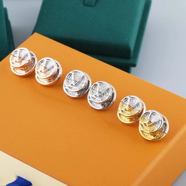

europe america style jewelry sets lady women engraved v initials l to v double color gold coin stud earrings m69664, Golden;silver