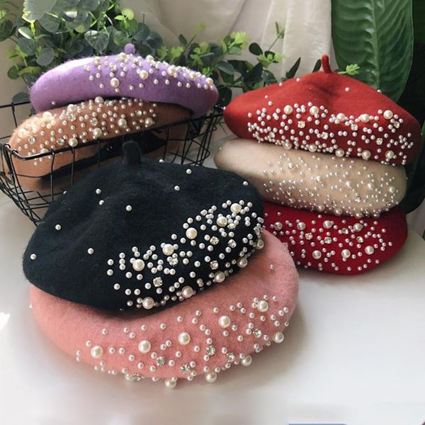

berets 2021 arrivals winter warm pearl rhinestone beret hat classic beanie caps french casual for women girl cap, Blue;gray