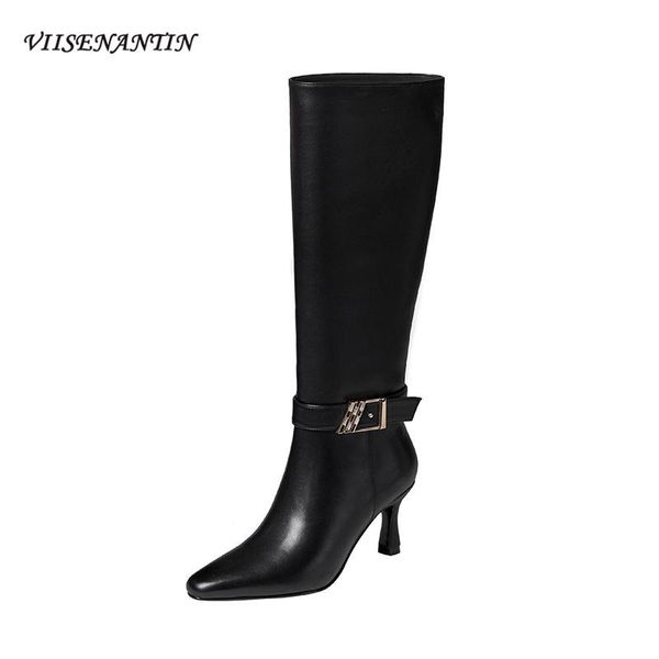 

boots leather pointed stiletto heel belt buckle decorated high autumn and winter temperament fashion, Black