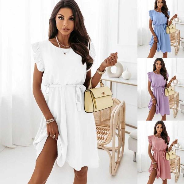 

casual dresses women's tunic dress ol o-neck ruffle short sleeve slash elegant lady straight vestidos wdc7752, Black;gray