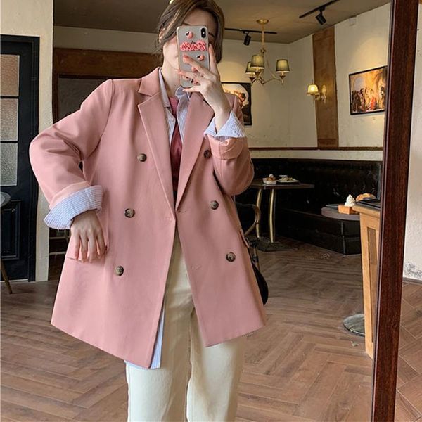 

women's suits & blazers [ewq] korea chic temperament pink blazer autumn 2021 notched loose double breasted split long sleeve suit jacke, White;black