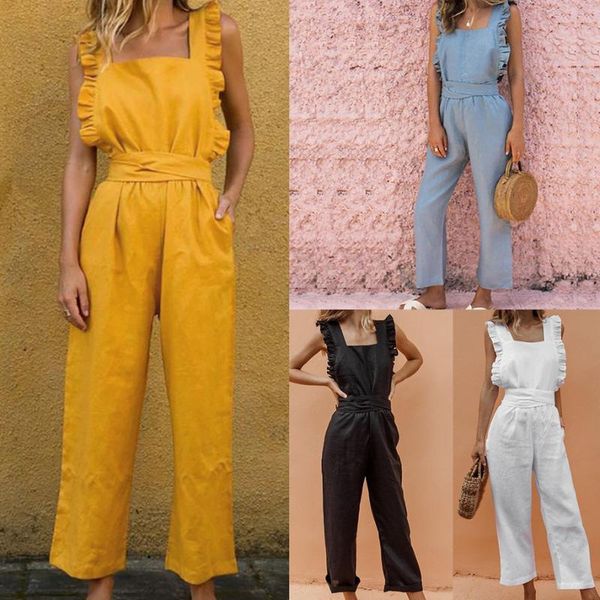 

women's jumpsuits & rompers elegant jumpsuit woman rompertunic linen solid wave ruffles backless sashes 2021 summer women overalls offi, Black;white
