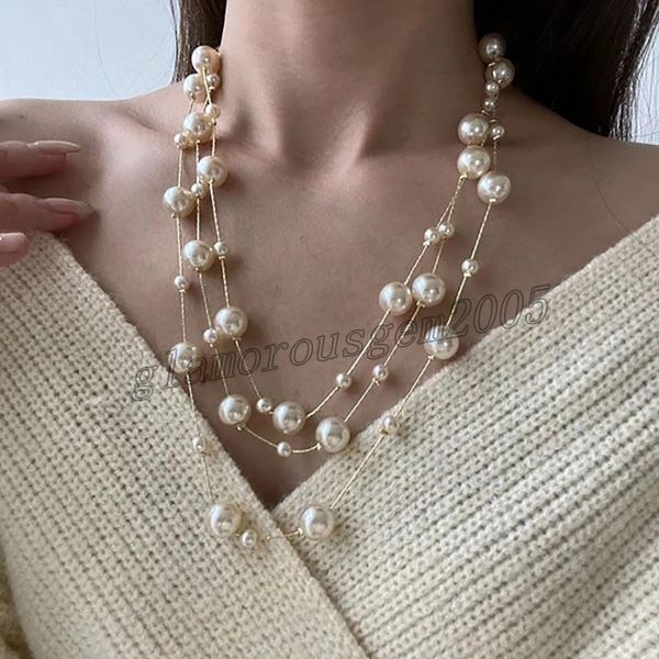 

simple luxury multi-layers pearl beads statement choker fashion women long necklace jewelry, Golden;silver