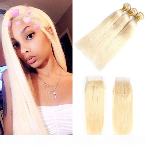 

blonde lace closure with bundles 4pcs lot #613 blonde brazilian silk straight 4*4 part lace closure with human hair weaves, Black;brown