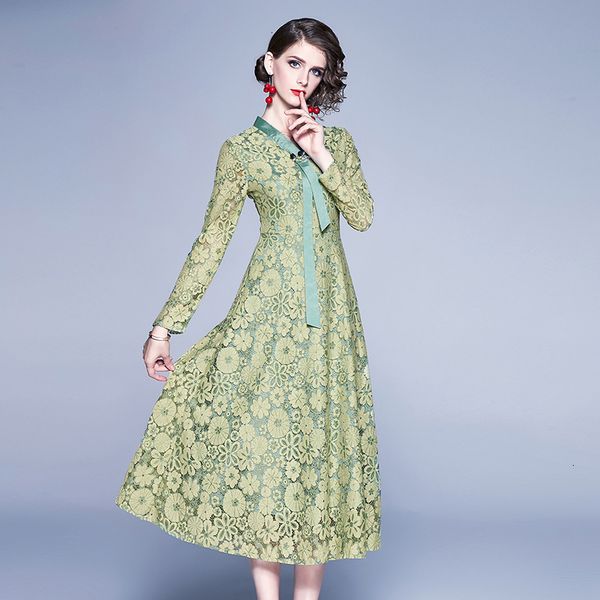 

2021 new sweet flower hollow out lace with diamonds brooch bow women elegant long sleeve v-neck spring summer midi vestidos 1y9i, Black;gray