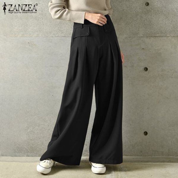 

2021 new spring high waist trousers zanzea elegant wide leg pants women fashion casual ol pantalon solid loose long palazzo streetwear 6s4m, Black;white