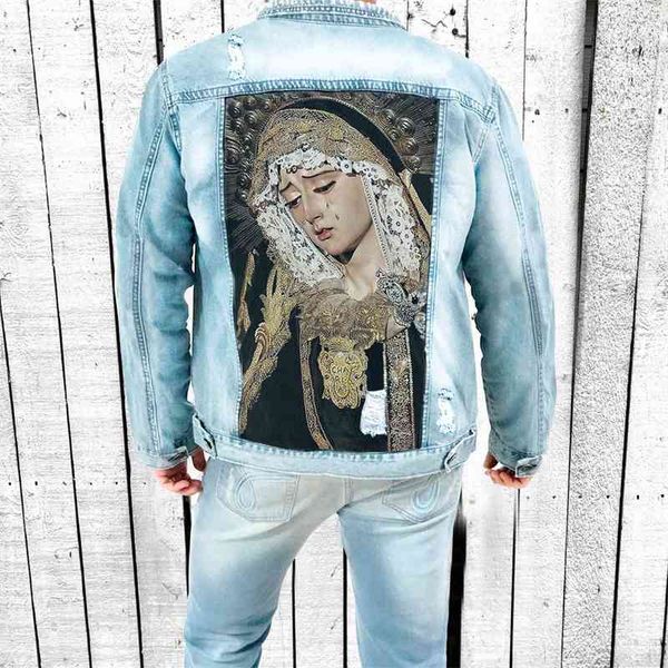 

2198 men's denim jacket autumn winter printed warm casual fashion, Black