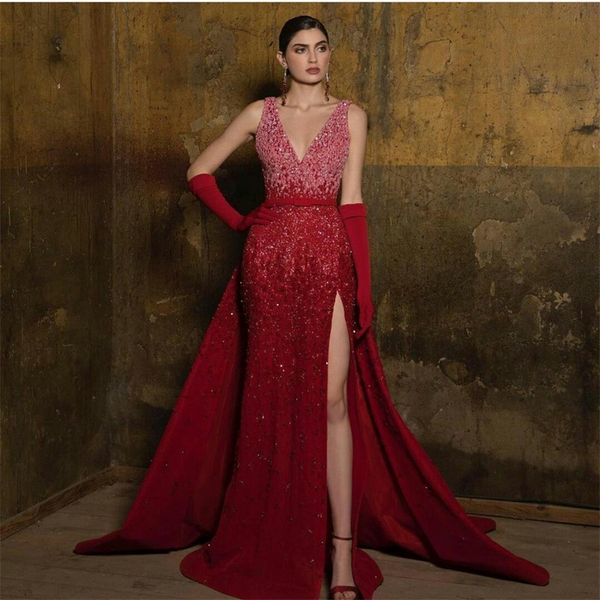 

glitter red evening dresses with detachable train crystal beads side split prom pageant robe de mariÃ©e custom made formal party gowns, Black