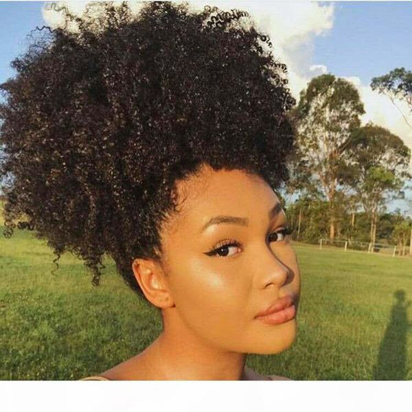 

high puff afro ponytail drawstring short afro kinky curly pony tail clip in human curly hair bun ponytail wrap updo hair extension 140g, Black