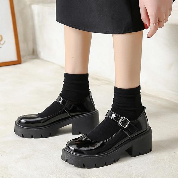 

dress shoes retro patent leather mary jane women round toe high heels platform woman japanese style student lolita, Black