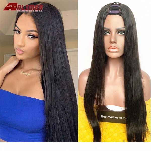 

150 density human hair silky straight u part wig brazilian remy middle part 2*4'' u wigs full end with elastic band, Black;brown