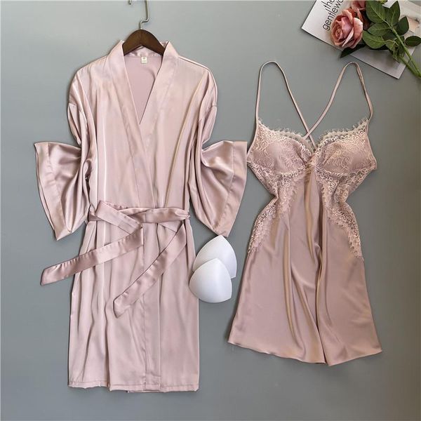 

women's sleepwear pink lace trim robe set women nighty&robe summer satin sleep suit female casual kimono gown v-neck nightwear home wea, Black;red