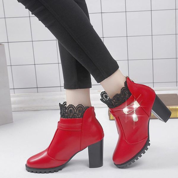 

boots 2021 autumn and winter thick with women's short metal buckle round head zipper pu lace fleece single, Black