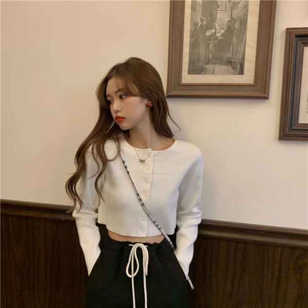 

knitted cardigan short bm with high waist pants for women's spring slim and versatile white open navel long sleeve t-shirt